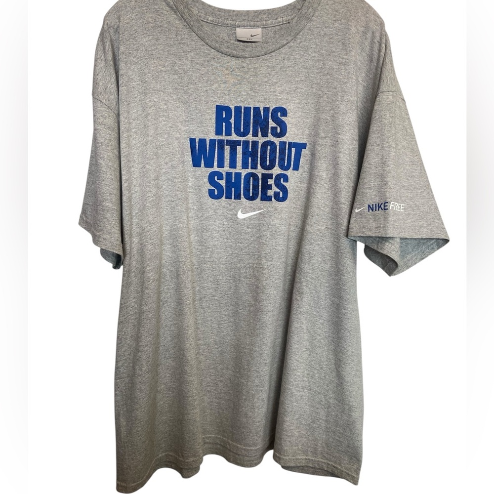 vintage Nike "Runs Without Shoes" graphic T-shirt XXL grey with blue lettering